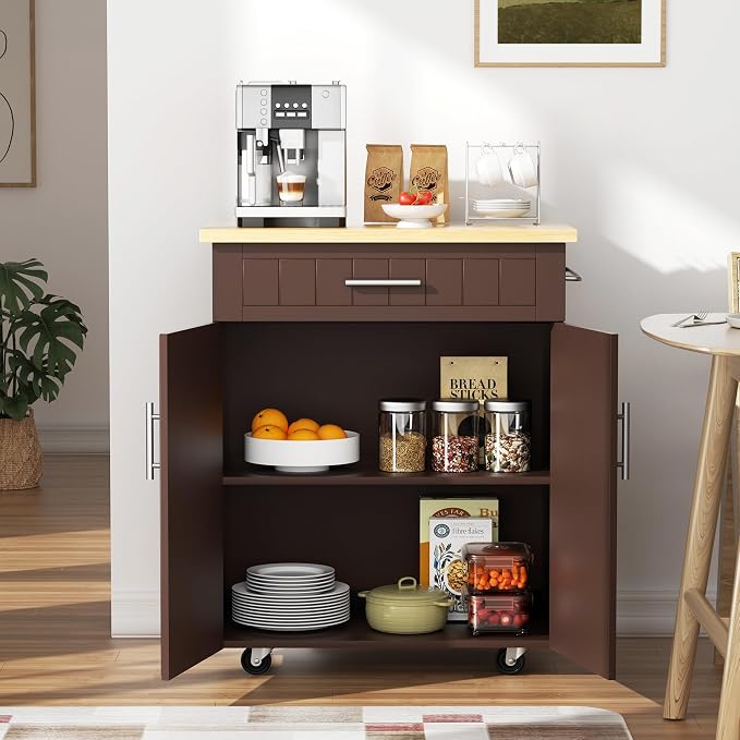 JY QAQA 26" Kitchen Island on Wheels with Storage Cabinet Kitchen Cart Cabinet with Shelves, Cart Handle for Towel Rack or Free Mobility, Portable Islands for Kitchen,Brown