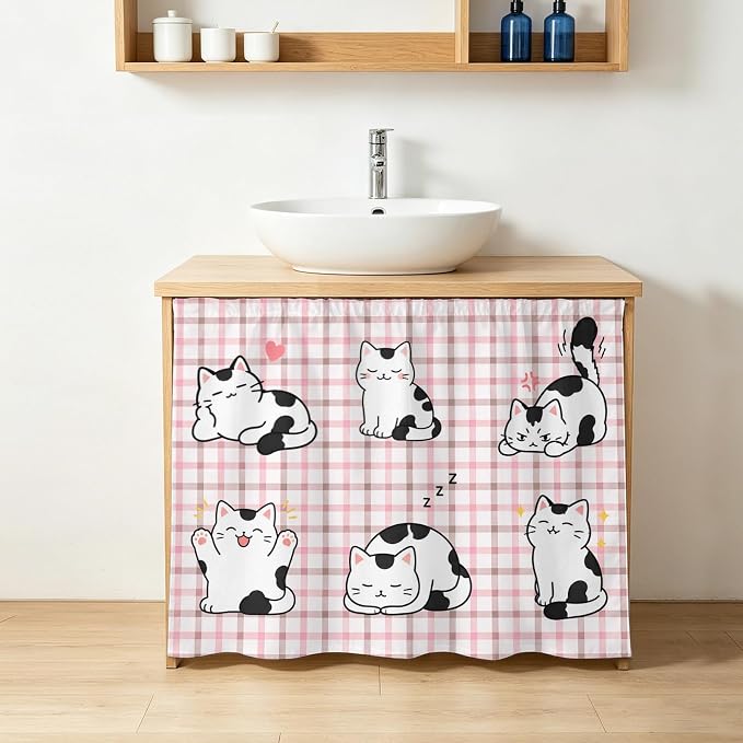 Cute Cat Sink Skirt 11"Wx13"L,Dustproof Under Sink Curtain with Self Adhesive Tape,Modern Playful Pet Cats Pink Brown Plaid Cabinet Curtain Cover for Bathroom Vanity,RV,Kitchen Cabinet Storage Shelf