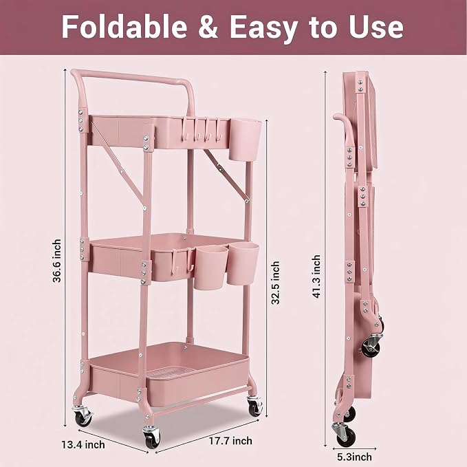 Amatic 3-Tier Folding Rolling Utility Cart with Wheels, Foldable Storage Cart Organizer with 3 Hanging Cups & 6 Hooks for Kitchen, Office, Living Room, Nursery(Pink)
