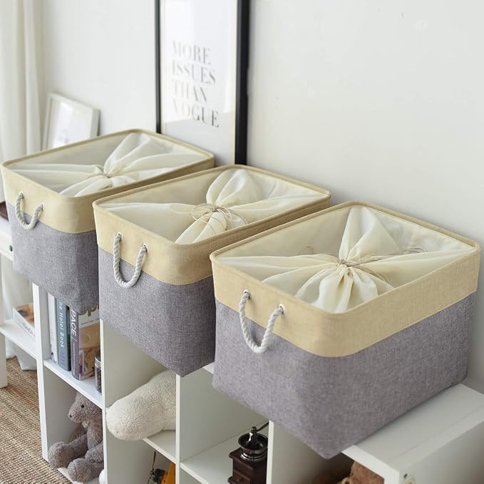 Storage Bins Baskets for Organizing - Extra Jumbo 3 Pack 20.5Lx15.7Wx13.8H Sturdy Fabric Storage Basket for Shelves, Decorative Foldable Closet Nursery Toy (Gold&Grey)
