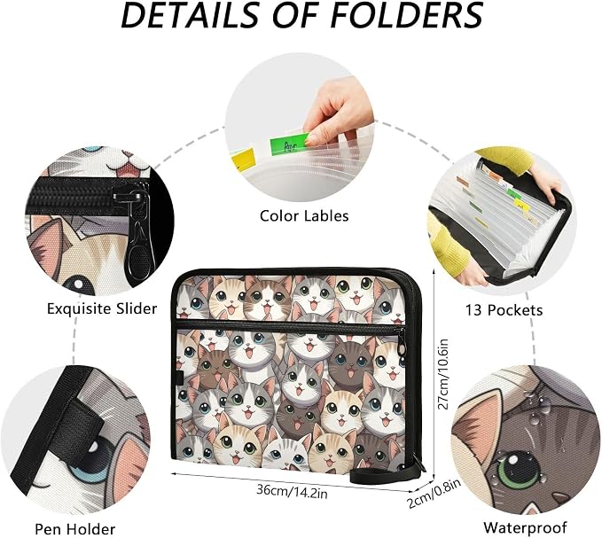 13 Pocket Zipper Expanding File Folder A4 Cat Cute | Accordion File Organizer with Front Pouch A4 Letter Size Portable Folders for Documents Receipt School Office Supplies