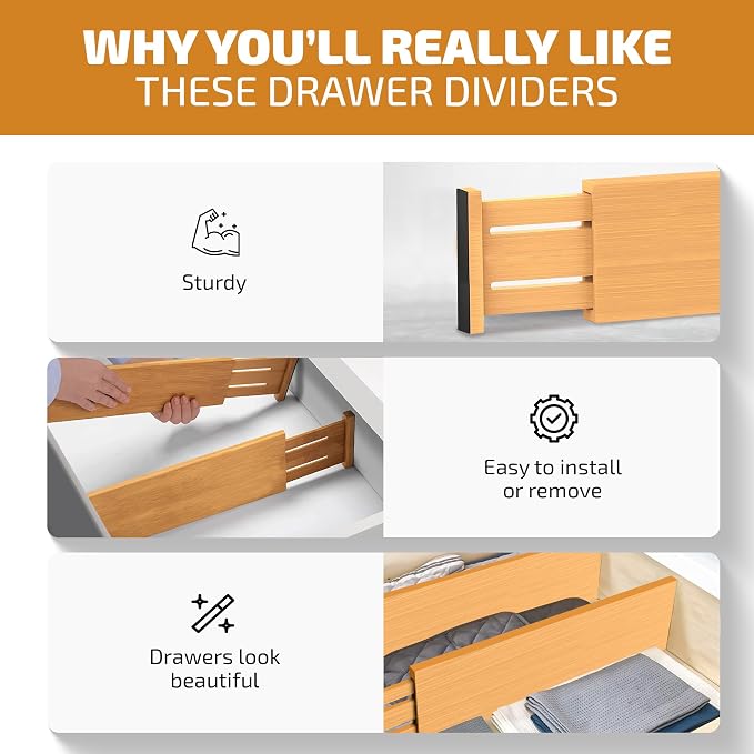 6-Pack Drawer Dividers 6-Inch High Dresser Drawer Organizer 11.5 to 17 Inch | Bamboo, Spring Loaded, No Tools Needed, for Clothes, Utensils, Socks and Deep Drawers in Bedroom, Bathroom, Kitchen, Office
