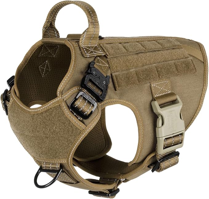 ICEFANG Tactical Dog Harness for Medium Dogs,Reflective No Pull Dog Vest | with Control Handle,Adjustable,Front Hook,2 Leash Clips,Soft Padded,MOLLE Panel,Brown,Medium