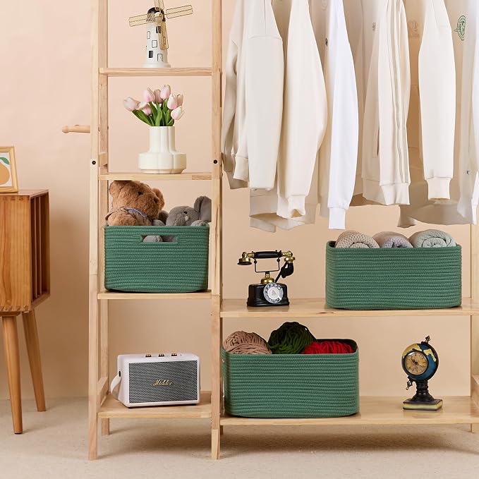 MiniArk Large Storage Baskets for Organizing, 17 x 13 x 7.5” Closet Shelf Baskets for Clothes Blanket Towels, Baby Nursery, Toy Bins Box, Woven Rope Baskets, 4 Packs Green
