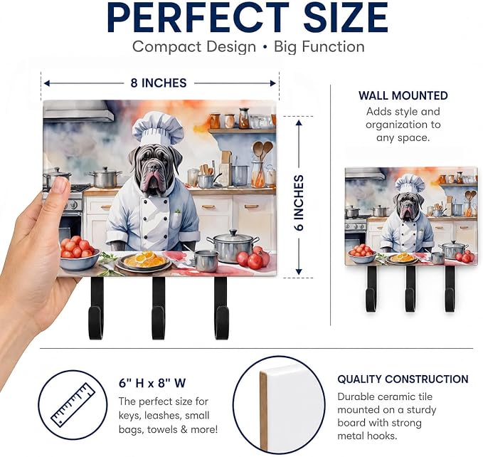 Caroline's Treasures Neapolitan Mastiff The Chef Leash or Key Holder Wall Hooks, Key Hooks Holder, Coat Rack Wall Mount, Coat Hooks, Hooks for Hanging Keys, Towels, Aprons, Leashes | Neapolitan Mastiff The Chef artwork on ceramic tile with three steel ...