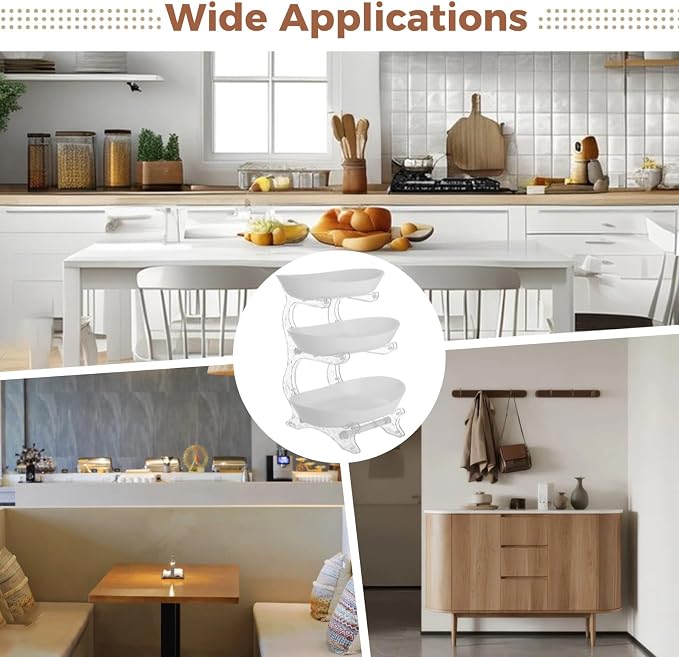 Fruit Bowl Stand with 3 Removable Oval Dishes, 3 Tier Large Capacity Multi layer Snacks Storage Rack, Clear PET and PP Organizer for Kitchen, Living Room, Desktop