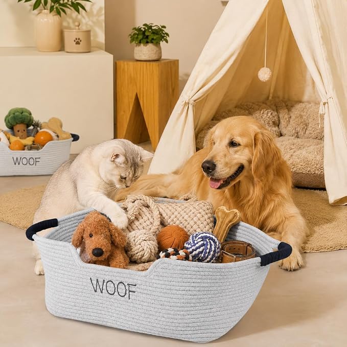 2 pack Dog Toy Baskets ,Pet Rope Basket for Dog Cat Toys,Dog Toy Bin with Handles,Woof Puppy Toy Storage Basket,Puppy Bed,Dog Stuff Organizer for Toys,Collar,Leash,Nursing Supplies-Beige+Gray