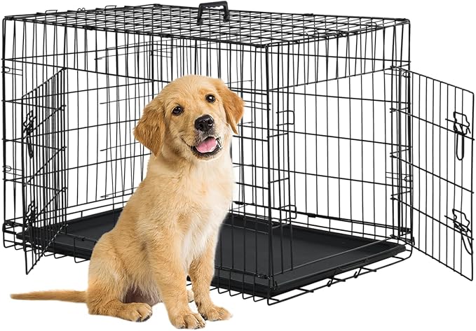 BestPet | Dog Crate | 24" | Black | Foldable Metal Kennel with Double Doors | Secure Slide-Bolt Latches, Leakproof Tray | Portable Dog Cage for Small Breeds | for Travel, Indoor & Outdoor Use