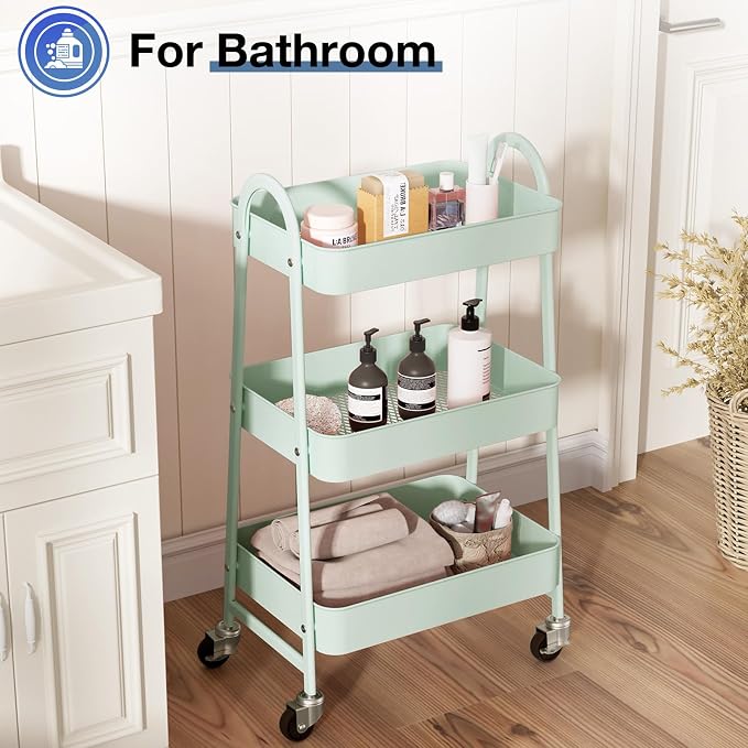 OLIXIS Metal 3 Tiers Rolling Storage Utility Cart with Lockable Wheels | Mobile Organizer Shelf, Space-Saving, Freestanding, Bathroom, Living Room, Slim, Narrow Corner Spaces, Pale Green