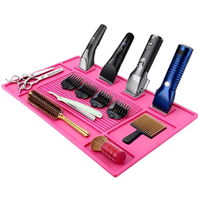 Magnetic Barber Mat for Clippers, Station Organizer with 4 Magnets | Silicone Material, Anti-Slip Surface, Heat-Resistant, Waterproof, Easy Clean, Tool Slots Design, For Barbershop & Salon