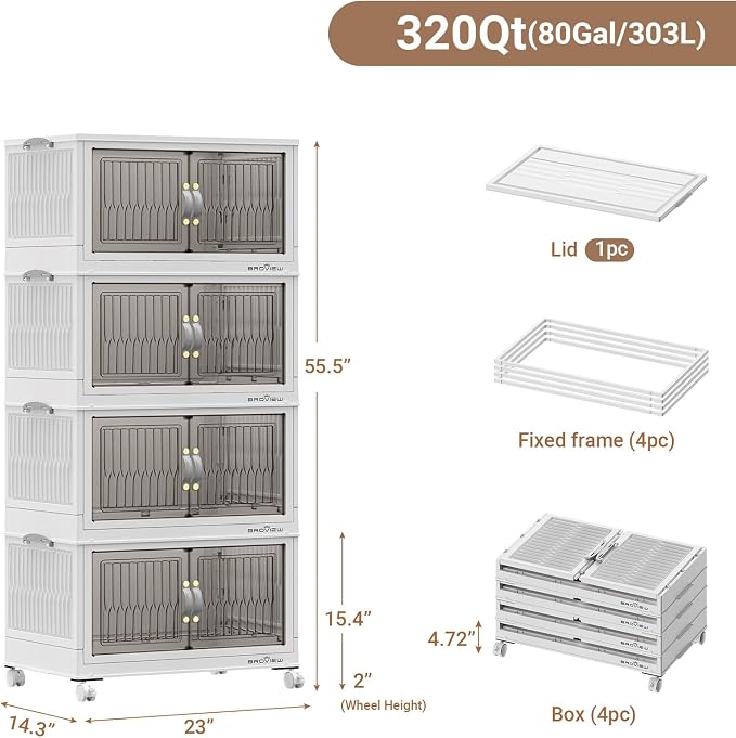 BROVIEW 320Qt Stackable Storage Bins with Lid for Home Dorm, 4Pack White | Closet Organizers, Foldable & Collapsible Cabinets, Large Containers, Wheels & Magnetic Doors, Plastic Drawers for School