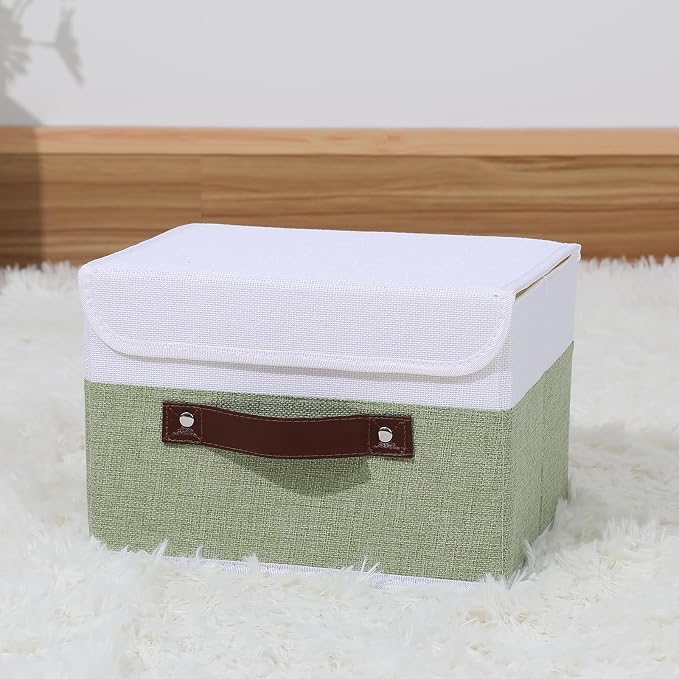 ANMINY Fabric Storage Box Bins with Lids, Green White, 13"x9"x7.9" | Keepsake Memory Storage, Cotton Linen, PP Board Reinforced, Washable, PU Handles, Foldable & Stackable, Decorative, Medium