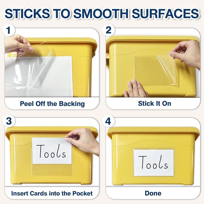 H4D 48 Pack labels for Storage Bins, 4" x 6" Plastic Clear Adhesive Pockets | Top-Open Index Card Holder, Waterproof & Removable Labels for Storage Bins, Totes, Containers, Shelves & Library Organization