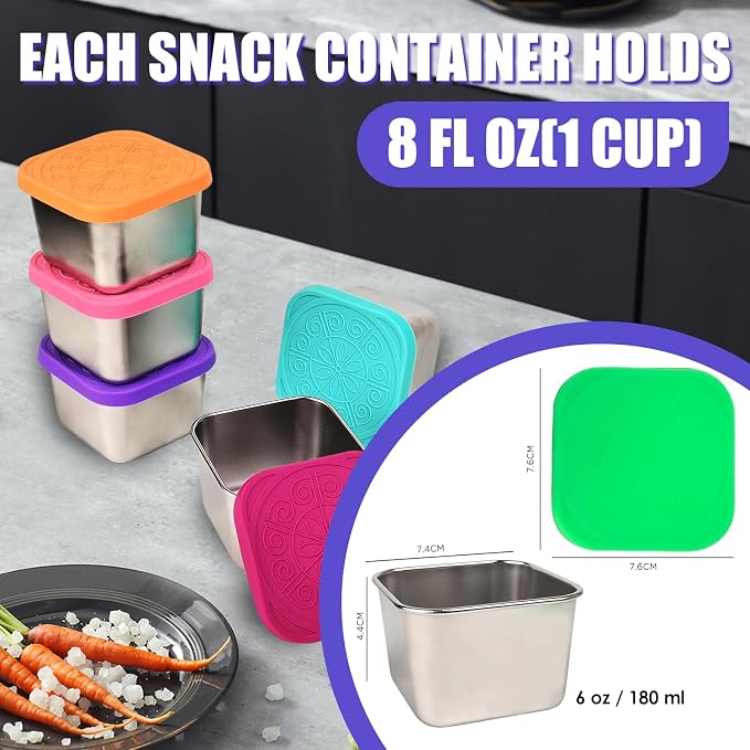 Stainless Steel Snack Containers with Silicone Lids 6 Pack | Reusable Small Food Containers for Snacks, Fruit and Lunch Storage, Perfect for School, Travel and Outdoor Use