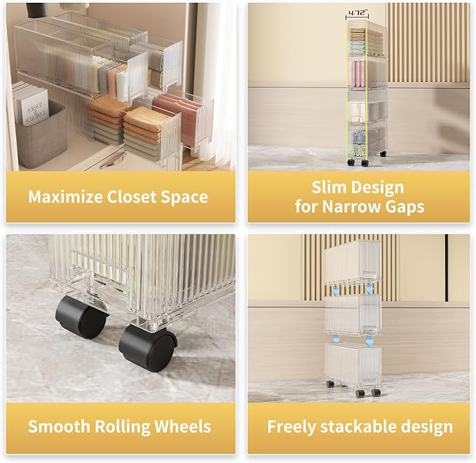 KHNR Slim 4 Pack Closet Storage Organizer with Wheels, Narrow Gap Drawer Shelf, Cabinet for Underwear, Socks, Scarves, T-Shirts Bedroom Essentials, Fits Closet Side or Wardrobe Gap, Clear White