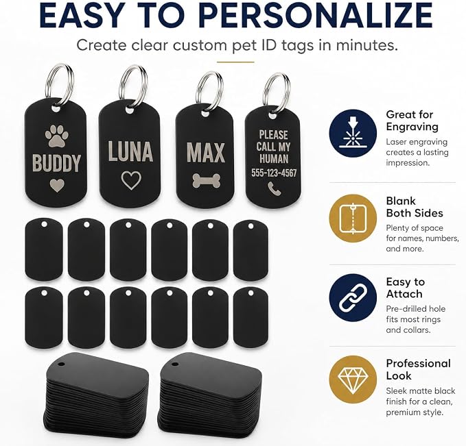 100Pcs Blank Dog Tags, Anodized Aluminum Blanks, Metal Tags Keychain Blanks Metal Tag for Engraving Stamping Craft (Black)