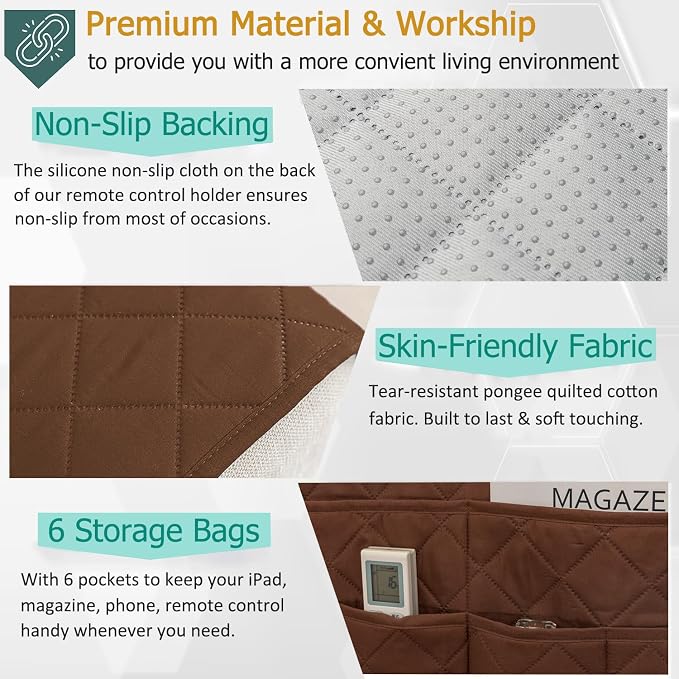 Remote Control Holder for Recliner Non-Slip Armchair Caddy Couch Armrest Organizer, Arm Chair Bedside Caddy Storage Organizer for Recliner Couch With 6 Pockets for Magazine, Phone, iPad (Brown)