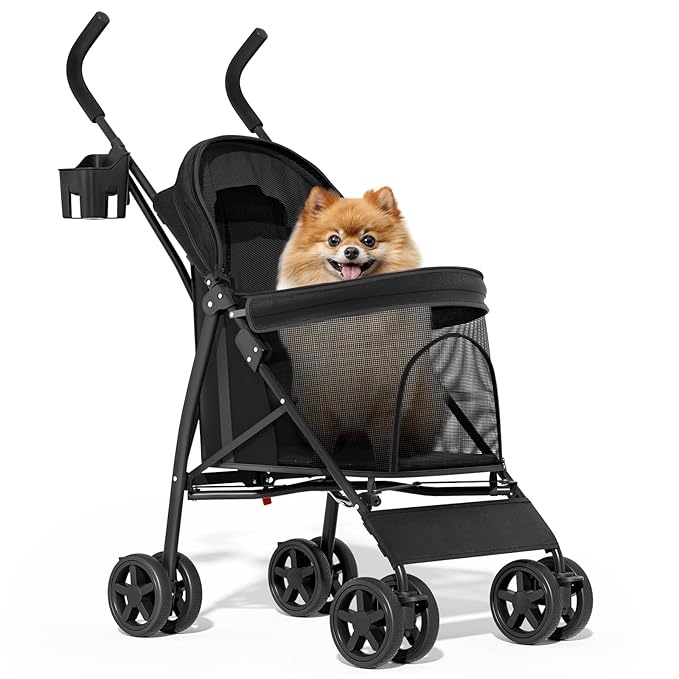 MoNiBloom Pet Stroller for Small/Medium Dogs and Cats up to 22 lbs, Black | Foladble 4 Wheels Easy-Fold Puppy Cage Jogger Stroller with Sun Cover, Pad and Rear Storage Bag, Breathable and Visible Mesh