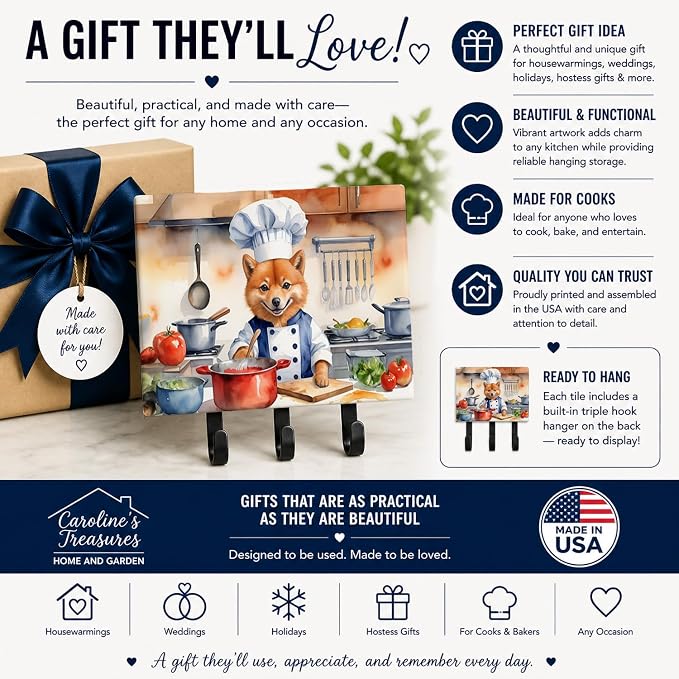 Caroline's Treasures Finnish Spitz The Chef Leash or Key Holder Wall Hooks, Key Hooks Holder, Coat Rack Wall Mount, Coat Hooks, Hooks for Hanging Keys, Towels, Aprons, Leashes | Finnish Spitz The Chef artwork on ceramic tile with three steel hooks for ...