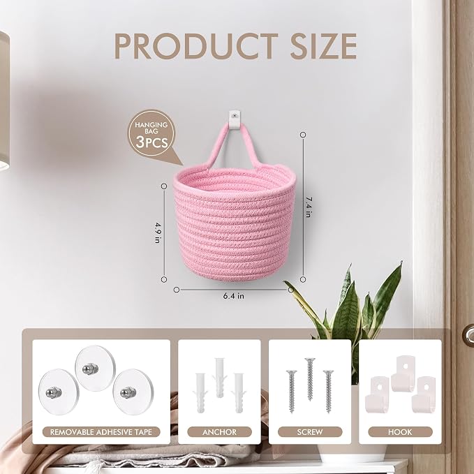 Fabric Wall Hanging Baskets - 3Pack Woven Pouchs Boho Style Wall Mounted Bag with Adhesive Hooks, Storage Organizers and Decoration Pocket Caddy Bins on Door Rack (Bright Pink & White, Large) | Wall Small Bags with Adhesive Hooks, Cotton Rope, Boho Dec...