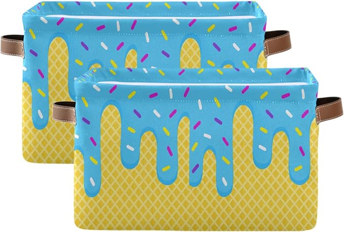 Wamika Ice Cream Drip Baseball Storage Basket with Waterproof Liner and PU Handles Blue Candy Storage Bins Boxes 14.2" Collapsible Decorative Organizer Baskets for Bedroom Closet Office 2 Pack