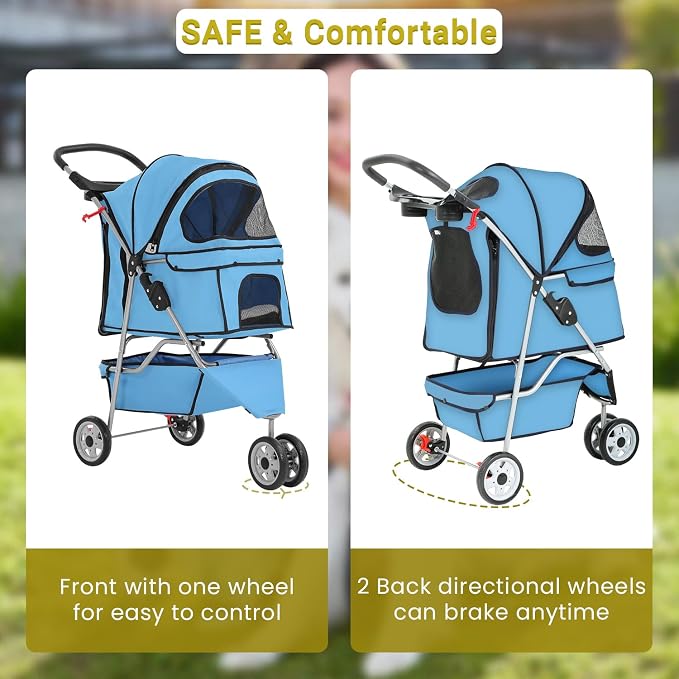 Foldable Pet Stroller for Cats and Dogs 3 Wheels Carrier Strolling Cart with Weather Cover, Mesh Panels，Storage Basket Cup Holder，Blue