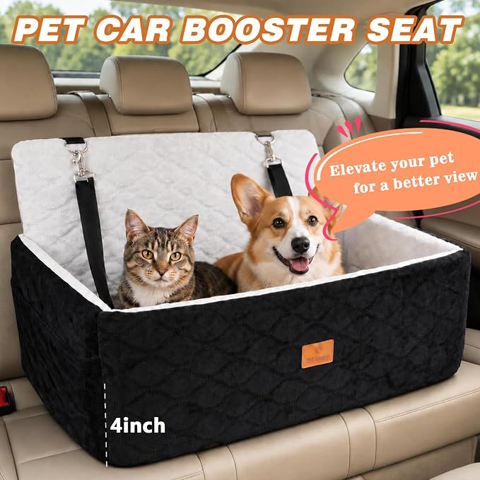 Dog/Cat Car Seat Pet Booster Seat for Dogs/Cats up to 60 lbs | Suitable for Small/Medium Pet Memory Foam with Detachable Washable Cover Travel-Safe Car Bed with Safety Belt/Storage Pocket