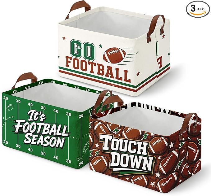 Britimes Football Storage Baskets for Gift, Toy Storage Bins Box,3Pcs Fall | Game Day Canvas Collapsible Baskets Organizer with Handles Football Nursery Decor Laundry Basket for Shelves Closet