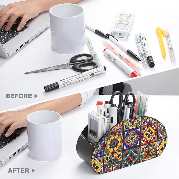Desktop Remote Control Holder Mexican Talavera Tile Storage Cup Caddy Box | Table Desk Organizers with 5 Compartments, Mexican Talavera Tile Colorful Floral Mexican, Multi-functional Office Supplies