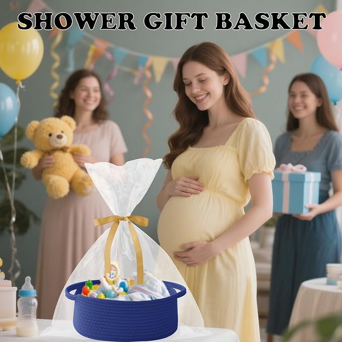 Royal Blue Woven Rope Basket,Baby Gift Basket with Bag & Ribbon | Cotton rope with handle, 12x8x5 in, gift bag and ribbon, for baby shower, birthday, toy storage, nursery, shelf decor
