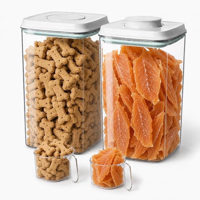 2-Pack 4.2 Qt Airtight Dog Food Storage Containers, Pop Lids | Two clear, stackable BPA-free canisters with one-touch pop lids and 130 ml scoops for dry dog kibble, cat food and treats.