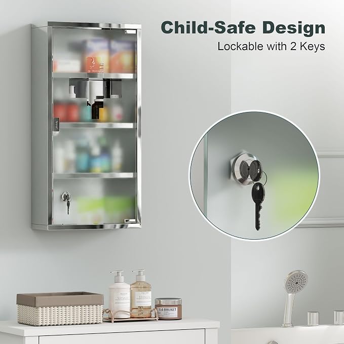 HOMCOM Wall Mounted Medicine Cabinet Lockable Wall Cabinet Silver 12" x 24" | 4 Tier Shelves, Stainless Steel Frame, Glass Door, 2 Keys