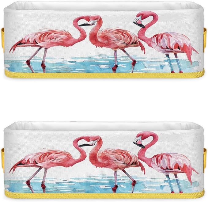Pink Flamingo Light Blue Bathroom Storage Basket, Foldable with Handle Open Countertop Paper Towel Decorative Box, Toilet Tank Top Shelf Baskets for Home Closet Bedroom Living Room Office