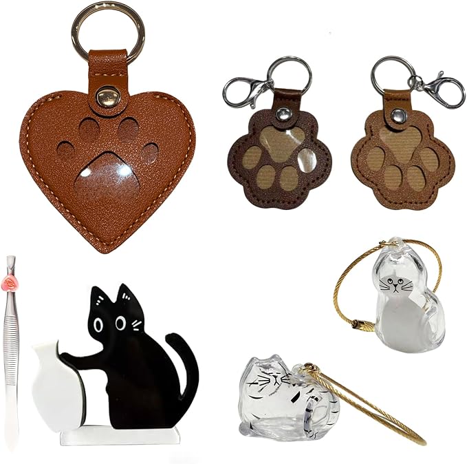 5-Piece Cat Fur Keychain, Pet Memory Charm & Whisker Storage Rack | Pet Loss Remembrance Accessory, Heartfelt Memory Gift, Suitable for Cat & All Pet Lovers