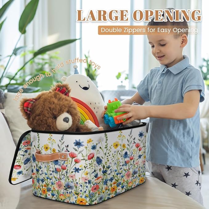Pardick Storage Bin Spring Floral Storage Baskets with Zipper Lid & Handle Foldable Closet Shelf Cloth Organizer Basket Cube Bins Clothes Organizer for Nursery, Bedroom