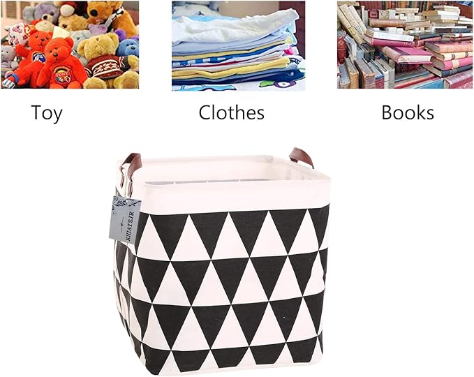 Square Canvas Toy Storage Bins Basket with Handle Collapsible Toy Organizer for Nursery Storage, Kid's Toy & Laundry, Gift Basket (Black Triangle)