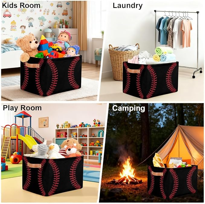 Storage Baskets Bin, Black Baseball Red Stitching Collapsible Canvas Fabric Storage Bin Decorative Baskets Toy Organizer Rectangle Storage Boxes with handles for Home Shelves Nursery,1Pack,C-04