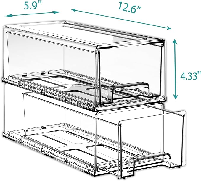 Pull Out Drawer Medicine Box for Safe Medication Storage, Large Refrigerator Storage Bin for Kitchen Food Safe, Tablet Box for Kids Home/Office Organize Ointments,2 Pack - Clear（ Medium）