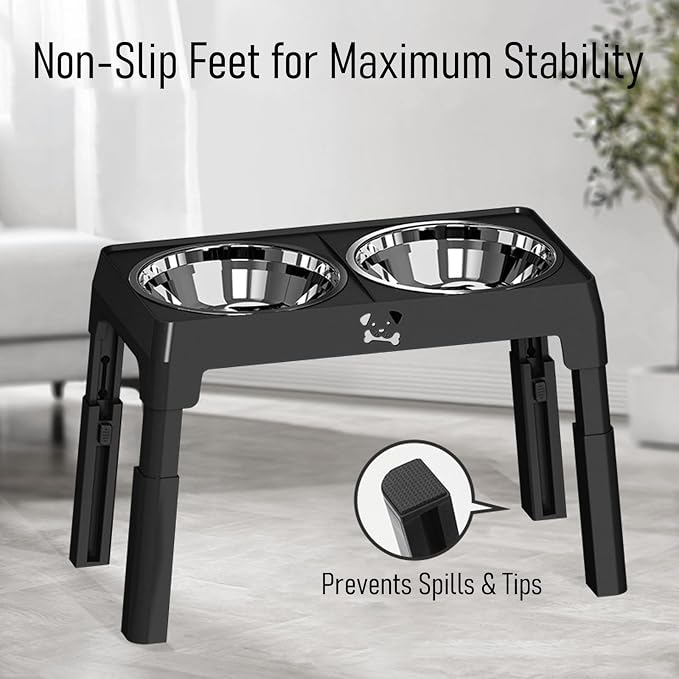 Elevated Dog Bowls Large Breed Raised Dogs Bowl Stand Large/Medium Sized Dog Stainless Steel Food Water Bowl Stands 5 Heights Adjustable 9/11/12/14in Black Pet Feeder Dish Station