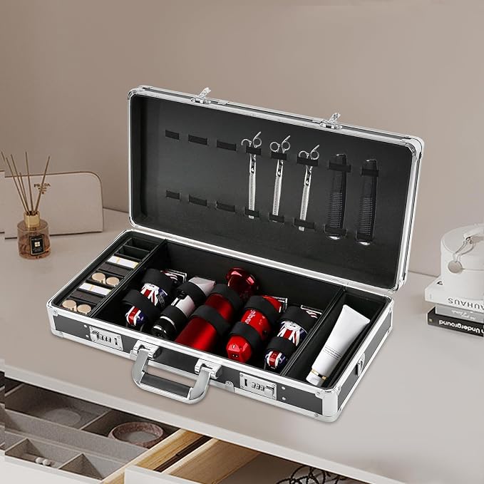 Professional Barber Case, Beauty Salon Barber Box with Secure Numlock, Hair Stylist Tool Kits Organizer Portable Barber Travel Carry Case for Clippers and Supplies Storage (Black&Silver)