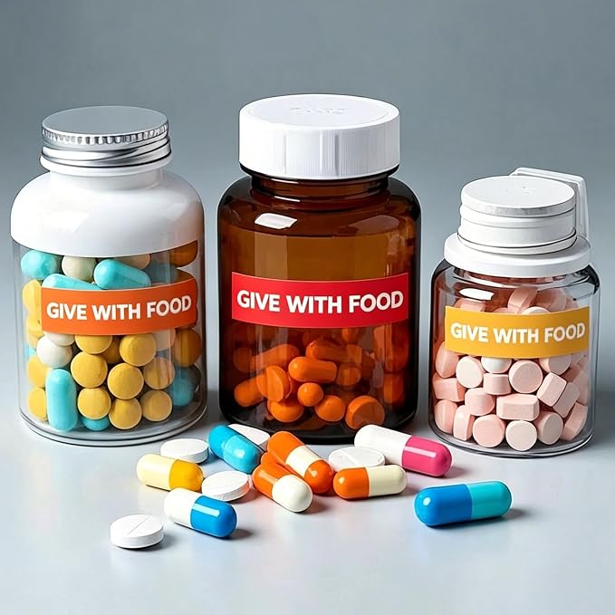 300PCS Give with Food Medication Instruction Labels, Color-Coded Self-Adhesive Veterinary Pharmacy Stickers for Medical Containers, Drugstore & Hospital Organization, 1.6 x 0.4 inch