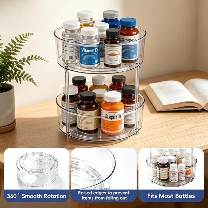 2 Tier Medicine Bottle Organizer, Lazy Susan Organizer for Prescription and Vitamin Bottles, Medicine Cabinet Organizer for Countertop and Bathroom, Transparent Organizer for Empty Pill Bottles