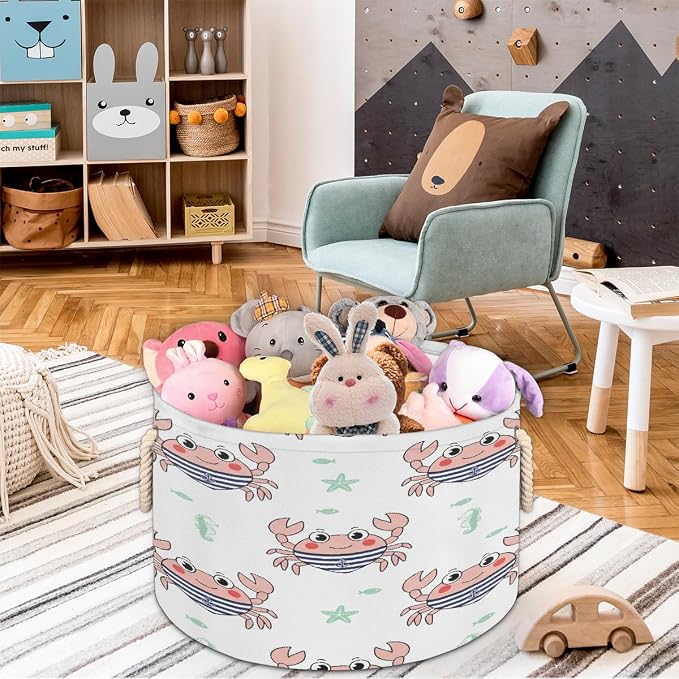 Large Storage Baskets - Nautical Crab Nursery Organizer Bin Box with Handles Collapsible Round Laundry Hamper for Kids Toys Pet Blanket, Bedroom Living Room Home Decor Gift Basket