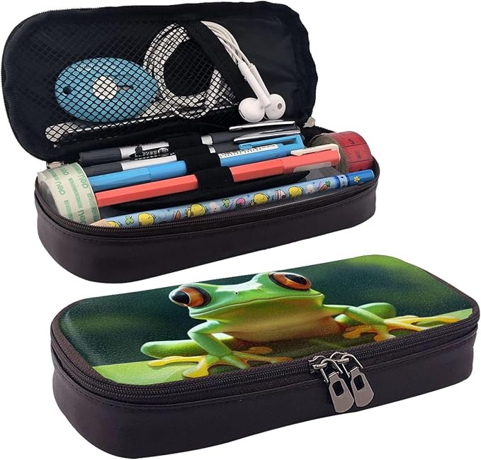 Leather Pen Case with Zipper - Aesthetic Pen Holder Cute Frog Pencil Case for Women & Men - Handcrafted Pencil Bag Multi-Functional Travel Cosmetic Case for Work Office Tool Pouch