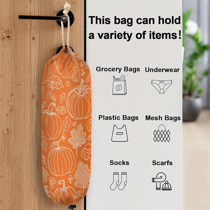 Orange Pumpkin Plastic Bag Holder Autumn Leaf Grocery Bag Storage Dispenser Washable Hanging Shopping Bags Carrier Reusable Wall Mount Trash Bag Organizer for Kitchen Pantry