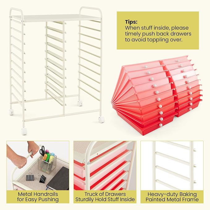 20 Drawer Rolling Storage Cart, Art Cart Organizer with Wheels for Makeup, Tool, Paper, Multipurpose Craft Storage Cart with Drawers for Office, Home, Classroom, School (Gradient Pink)
