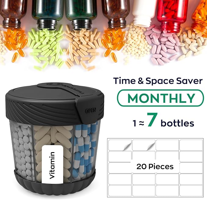 HIONXMGA Large Pill Organizer Anti-Mix, 7-Compartment, 20 Labels, BPA-Free | Portable Pill Dispenser Easy to Open & Retrieve, Wide Opening Design Easy Access for Vitamins, Fish Oils, Supplements