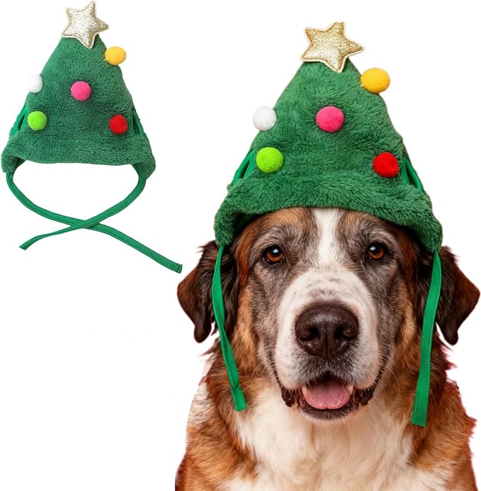 Christmas Tree Headwear Hat for Pet, Decorations Star Pompoms Christmas Cat Dog Headwear Photo Props (Medium)
