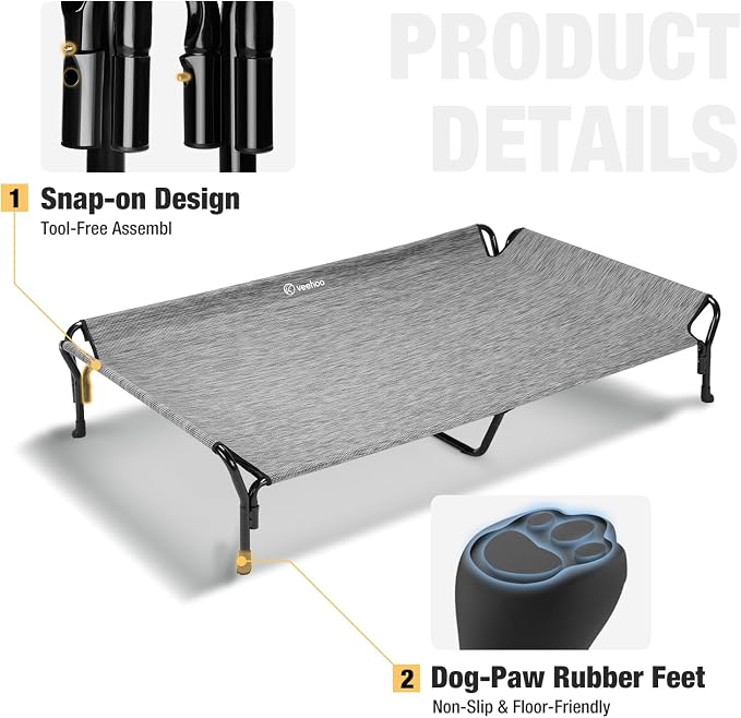 Veehoo Cooling Elevated Dog Bed, Raised Dog Cot with Guardrail & Headrest | Washable Dog Couch Bed for Indoor & Outdoor, Durable Breathable Teslin Mesh, Non-Slip Feet, 51" x 34", XLarge, Black Silver