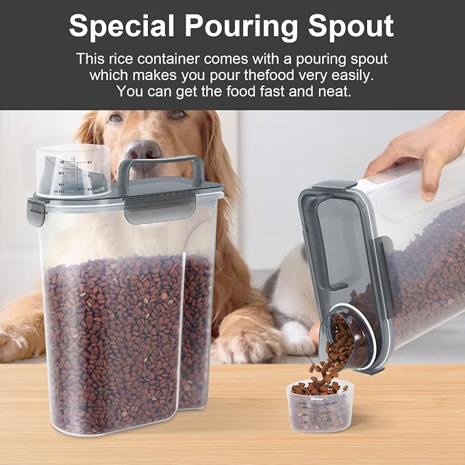 LEAWALK 5-7Lbs Dog Cat Food Storage Container with Upgraded Large Nozzle BPA-free, 4 Snap Seals Plastic Pet Food Storage Containers with Handles (Clear Black, 5L-1pack)